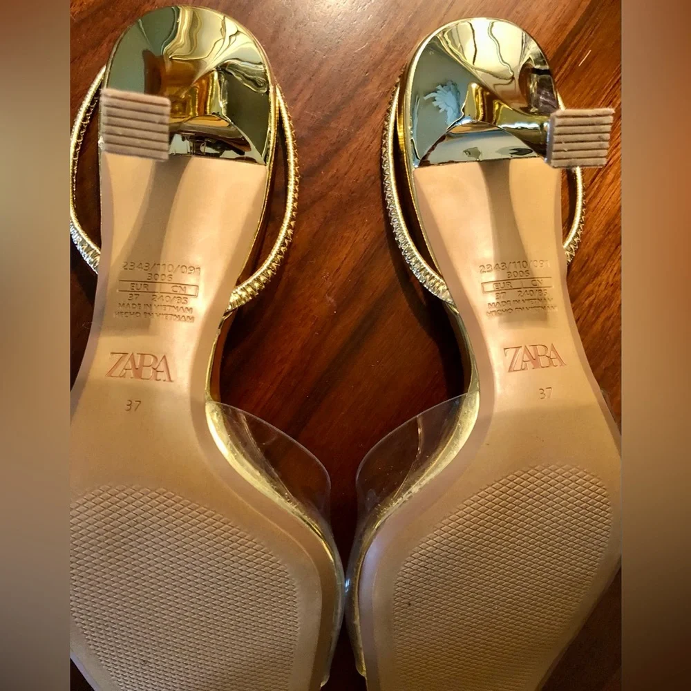 ZARA Gold Metallic Heel Sandals with Clear Strap - Picture 6 of 6